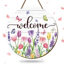 Summer Flower Welcome Door Sign Tulip Wooden Hanging Sign Floral Butterfly Do...