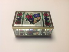 Beveled Glass Footed Gold Trimmed Trinket Box Mirrored Inside With Flowers