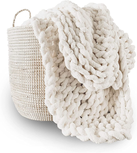 Chunky Knit Blanket Throw | 100% Hand Knit with Jumbo Chenille Yarn (30"X40", Cr