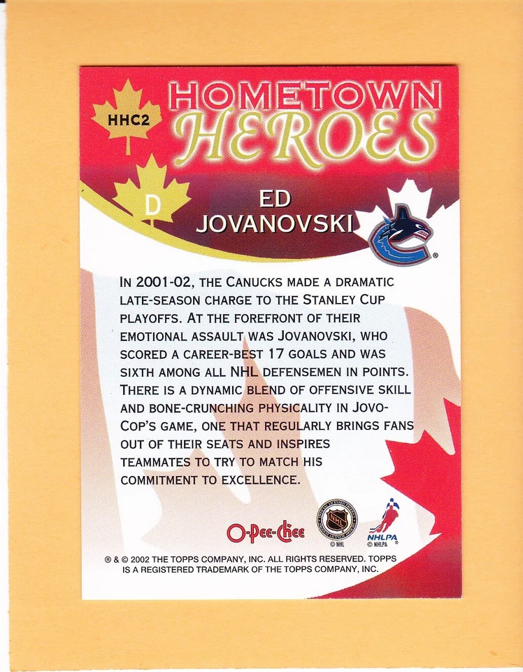 ED JOVANOVSKI 2002-03 O-PEE-CHEE HOMETOWN HEROES #HHC2 VANCOUVER CANUCKS NM-MT - Image 2 of 2
