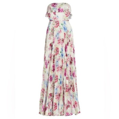 ml monique lhuillier mila chiffon print strapless maxi dress Floral Pleated Satin SIZE:5/6Y (30) Elegant Beaded Lace Crepe silhouette:midi dresses Gown green sculpting the bodice and