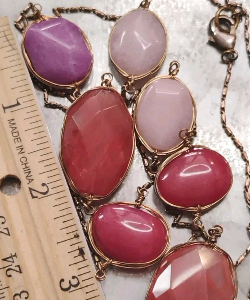 Collar de cadena de 38" tono oro envejecido de piedra (ágata/cuarzo) envuelto real! Foto 2 de 4