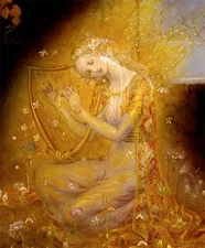 SILK Art print Exquisite Graceful Lady draped n GOLD playing HARP ethereal image