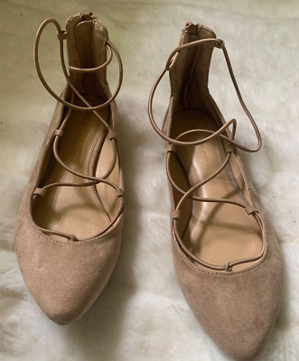 REPORT SIZE 6 BEIGE SUEDE VEGAN ELASTIC LACE UP HIGH BACK ZIP POINTED TOE