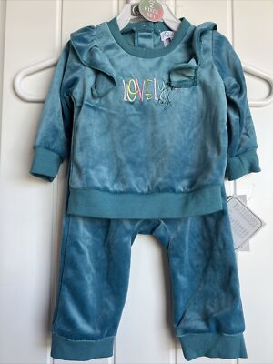 NEW NWT Quiltex girls 6 months pretty Velour Teal pant set outfit