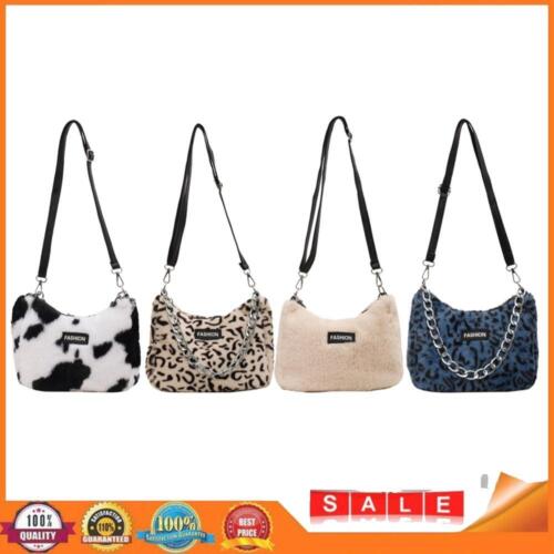 Women Winter Plush Shoulder Bag Casual Leopard Print Large Chain Messenger Bags - Afbeelding 1 van 18