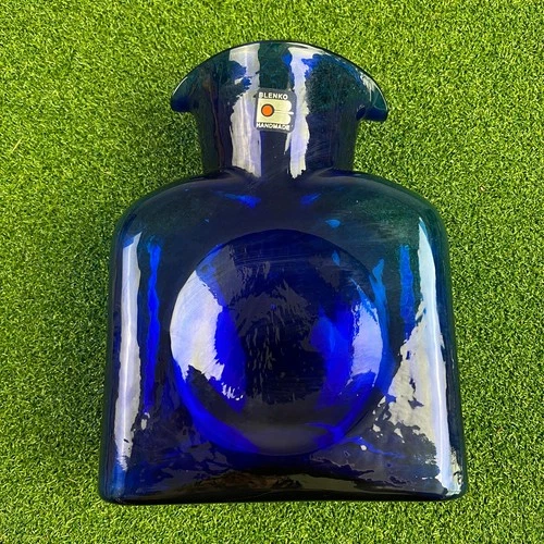 Vintage Blenko Glass 384 Cobalt Blue Double Spout Water Bottle Pitcher