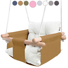 Ocher Canvas Baby Swing Chair Wooden Hanging Seat with Safety Belt Durable and