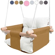 Ocher Canvas Baby Swing Chair Wooden Hanging Seat with Safety Belt Durable and