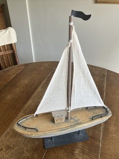Wooden Yacht Sailing Ornament With Linen Sails. 42 Cm X 53cm