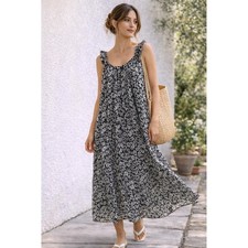 LOFT Dress Ruffle Strap Botanical Leaf Print Black White Size Small Boho Maxi