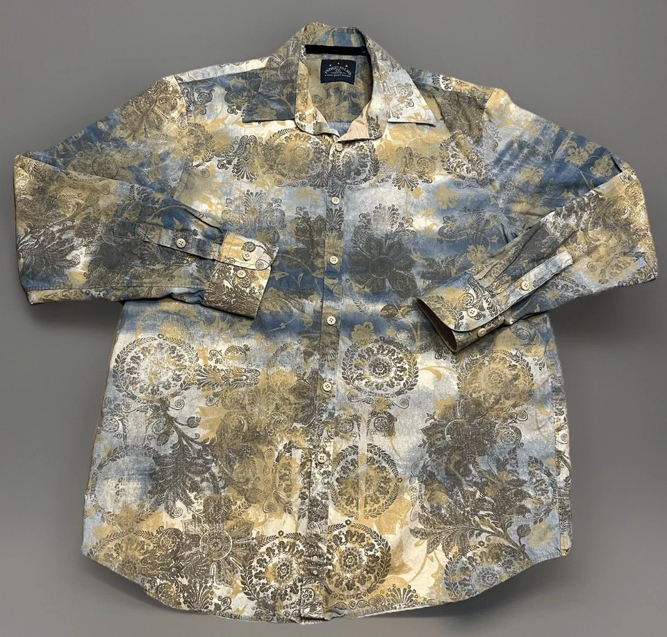 Indigo Palms Blue Beige Shirt Men’s L Abstract Floral Long Sleeve Button Up - Image 2 of 4