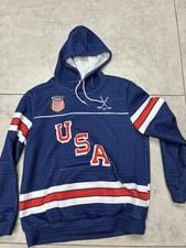 USA Hockey Jersey Mens M Blue Sublimation 1960 Retro Style Long Sleeve Hoodie