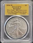 2016-W PCGS SP70 BURNISHED SILVER AMERICAN EAGLE GOLD FOIL LABEL FIRST DAY ISSUE