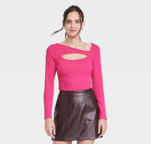 New Day Slim Fit Ribbed Long Sleeve Cut-Out T-Shirt Womens Large Stretch Pink
