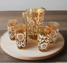 Vintage 1940s Jeanette Glass Iridescent Carnival Glass Marigold Carnival Pitcher