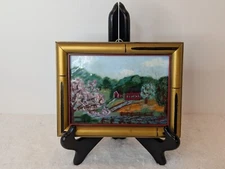 Vintage "New England Spring Scene" Wood Framed Tile Painting By Vera Perles 1969