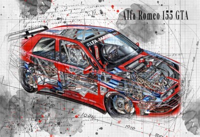 Line Tech Zeichnung Alfa Romeo 155 GTA Cutaway Kunst Poster Druck