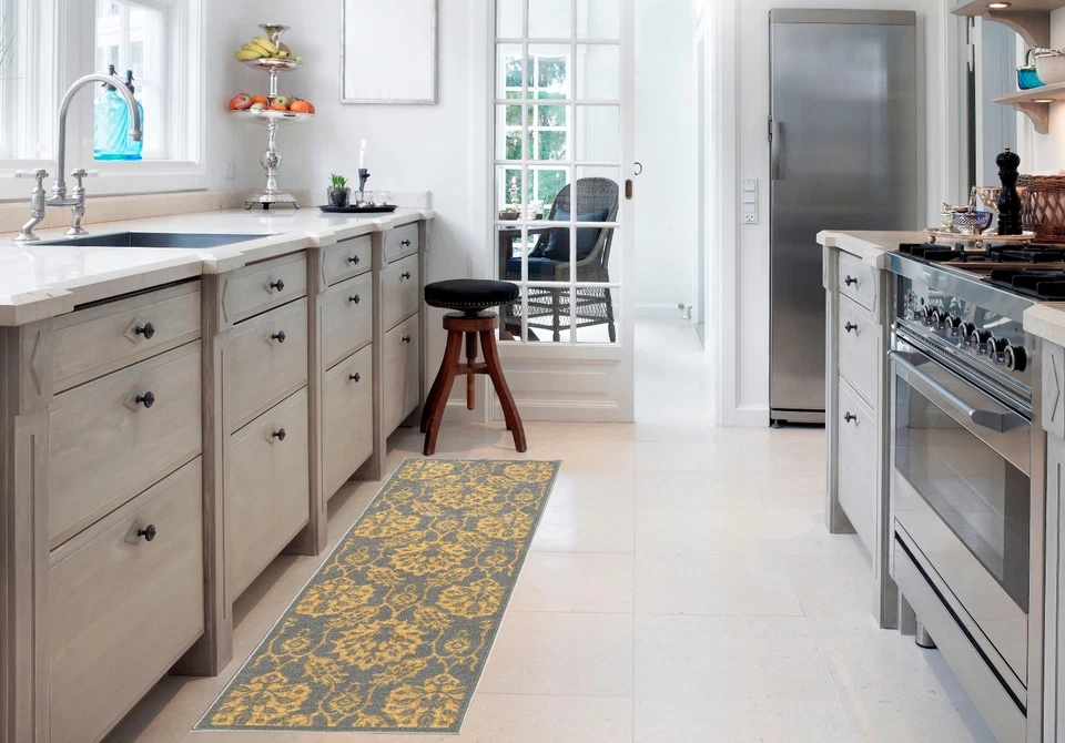 Rubber Backed Non-Skid Non-Slip GOLD & GRAY Color Floral Design Area Rug - Image 4 of 4