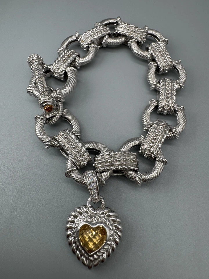 Pulsera Judith Ripka Plata 925 Eslabón Redondo Citrino y Circonita Circonita Dije Corazón Palanca 6.25 Foto 2 de 4