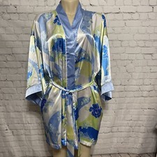 Oscar de la Renta Pink Label Satin Kimono Robe Size L/XL White Blue Floral