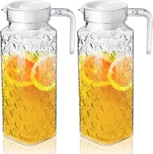 2 Pack Acrylic Pitchers, 37Oz Clear Plastic Pitcher with Removable Lid, Transpar
