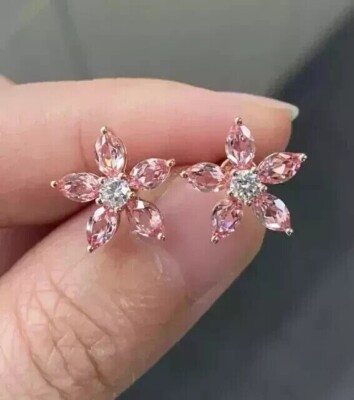 2Ct Marquise Cut Simulated Sapphire Flower Stud Earrings 14K White Gold Plated