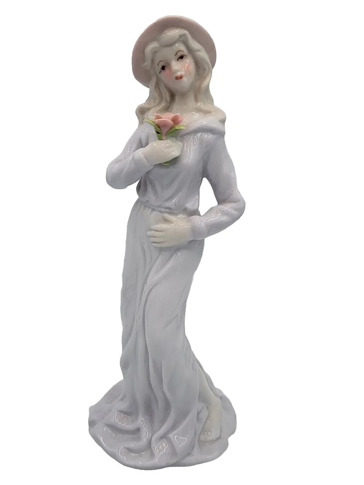 Victorian Lady Figurine Statue Holding 3D Flowers 8-1/2
