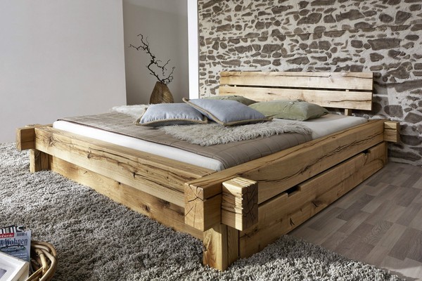 Bett Balkenbett Mit Schubkasten 160X200Cm Wildeiche Eiche Massiv GeöLt Neu Ovp!!-image
