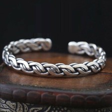 Solid 925 Sterling Silver Mens Braided Rope Bar Torque Bangle Cuff Bracelet