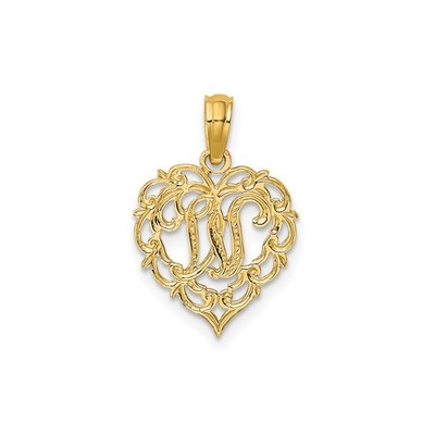 14k Gelbgold Herz Anhänger Schrift M Filigran Monogramm Charm für Damen