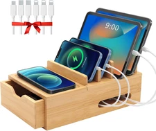 Bamboo Charging Station for Multiple Devices, Desk Charging Organizer with Drawe