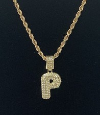 Letter  P  Initial Iced CZ Gold Plated Pendant 1.75   Rope Chain Necklace 24  