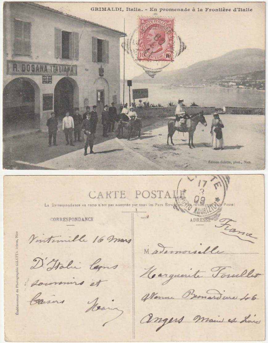 GRIMALDI - VENTIMIGLIA - IMPERIA - FRONTIERA ITALIANA - VIAGG. 1909 -45372-