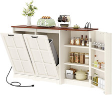 Farmhouse Kitchen Island with Power Strip Tilt-Out Storage for Bins