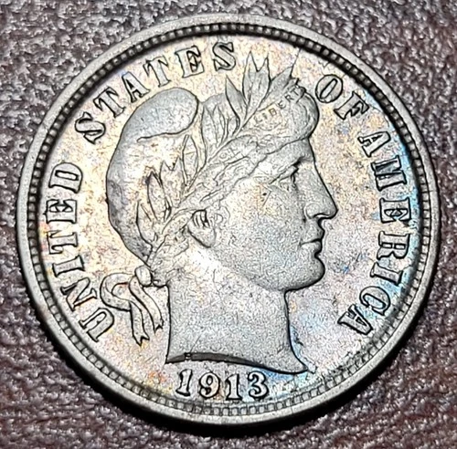 1913 Barber Dime EF XF Extremely Fine Details Silver 10c Coin lt. cleaned
