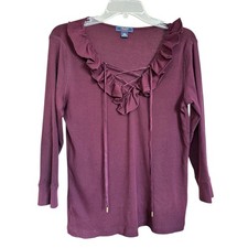 Ralph Lauren CHAPS Denim Women’s Sz L Burgundy Ribbed Ruffle Lace Up Ribbed Top