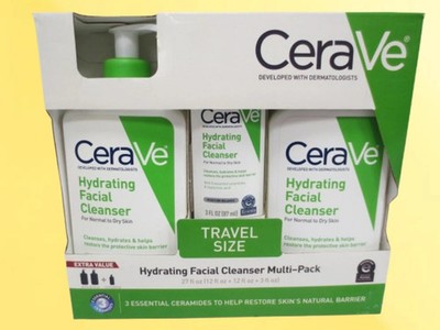 CERAVE HYDRATING FACIAL CLEANSER NORMAL TO DRY SKIN 12 OZ & 3 OZ 3PCS GIFT  SET!