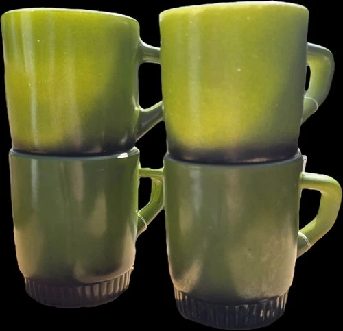 ANCHOR HOCKING FIRE KING STACKABLE MUGS SET OF 4 WARE MILK GLASS AVOCADO GREEN