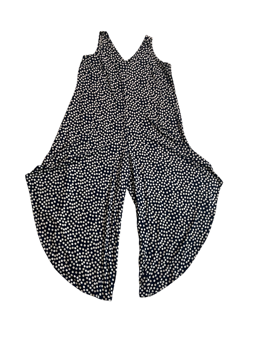 MSK. Women's jumpsuit with blue and white polka dot designs. Size