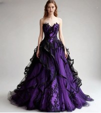 Victorian Gothic Purple Wedding Dresses Black Lace Vintage Zipper Back A Line