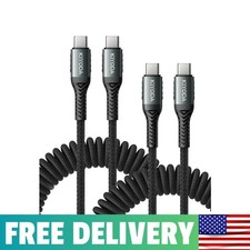 USB C To USB C Cable Coiled 3FT 2Pack, Braided Type C Charger For Car-Black