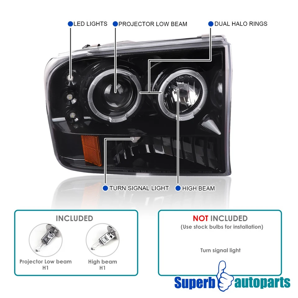 Fits 99-04 Ford F250 F350 Super Duty Polished Black Halo Projector Headlight Foto 3 de 4