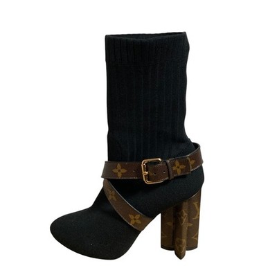 LOUIS VUITTON Silhouette Line Monogram Strap Short Boots 35.5 Black Women USED
