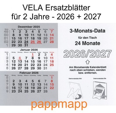 VELA mini Kalendereinlage 2026 + 2027 für 3 Monats Tischkalender Ersatzblätter