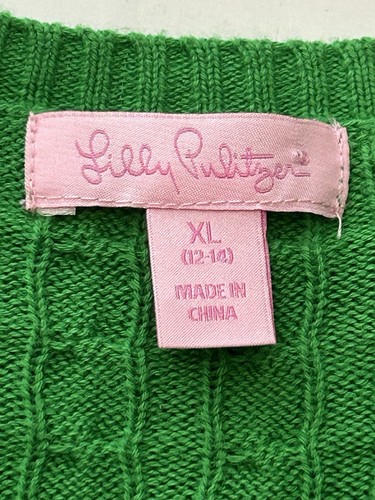 Girl’s Size XL (12-14) Lilly Pulitzer Green Cable Knit Button Up Logo Cardigan - Picture 3 of 6