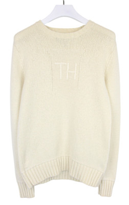 Tommy Hilfiger Pullover Herren M Langärmelig Logo Beige Kaschmir Rundhals