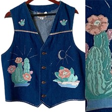 Branders Dickies Vest Denim Hand Painted Embellished Southwestern Cactus Sz L