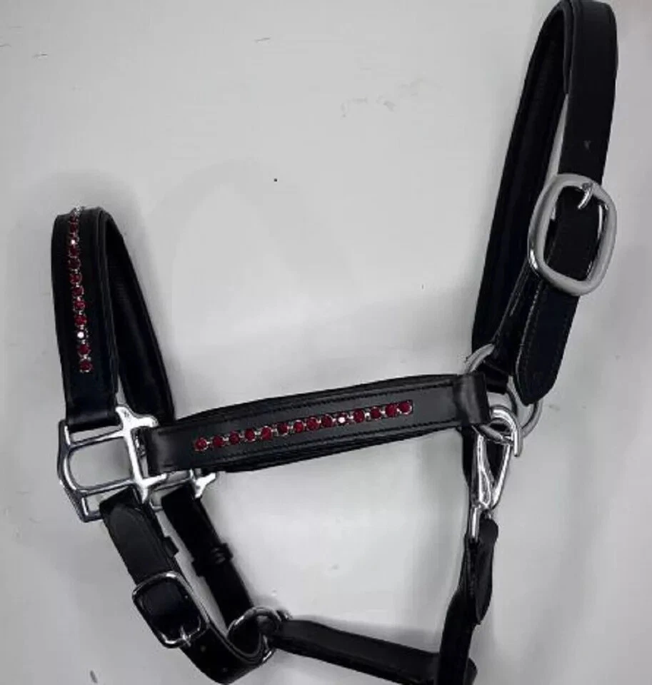 Rotes Kristallleder Pferd gepolstert Premium Qualität Kopf Halsband Halfter a... - Bild 1 von 4