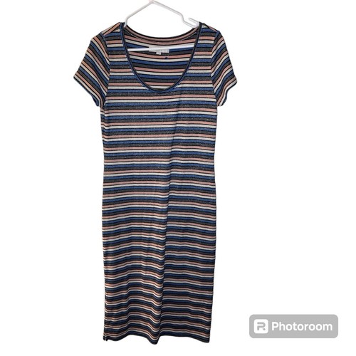 LOFT Stripped Sweater Dress Short Sleeve Maxi Size M Metallic Pink Blue - Picture 3 of 9